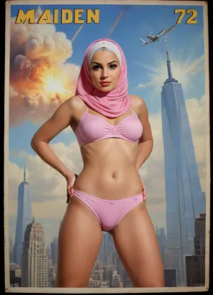 (TITLE TEXT "MAIDEN No.72":1.8), (movie poster:1.2), (huge letters, movie title text:1.2), (Muslim woman, brown skin:1.3), (Arab woman:1.1), (brown skin:1.3), (religious hijab:1.3), wet sweaty body, big text on poster, sweaty body, ((string bikini bottom)), sideview, (((tight uniform 50's))), (((pin up 1940's))), (explosion on World Trade Center:1.1), (1950's movie poster:1.2), (huge title text, movie poster:1.5), (big text on poster:1.5), (1950's movie poster:1.4), (1940's pin up girl), (Muslim girl in hijab sitting on a cloud in the sky:1.2), (hijab:1.5), (Arab girl in underwear:1.2), (skyline in background:1.3), (explosion on skyscraper:1.3), (airplane crashing into World Trade Center:1.3), (September 11 attacks:1.2), (9/11 September twin tower attack:1.2), (airplanes crashing in skyscraper:1.1), (she is wearing a pink hijab), Photography, photorealism, tall, beautiful perfect figure, Knee-high boots, perfect tall legs, charming eyes, sad yet gracious face, dark background, fantasy art capturing the style of Aaron Horkey, Jeremy Mann and Luis Royo, body-focused composition from a low angle, alluring figure, dark fantasy, dynamic composition, warm hues, showcases acrylic calligraphy, watercolor techniques integrated seamlessly into a maximalist masterpiece, detailed with gouache fluidity, golden hour light, hyperrealism, hypperrealistic, hyperdetailed, 64k, ultraHDR, Movie, Poster, page, panties, pulled, to, side, pussy, shaved, logo, text, sign, that, says, the, word, <lora:Movie Poster:.5>, <lora:Pussy_pants_nohands_D03_realvizXL2_bucket_01-000010:.5>, <lora:texta:1>