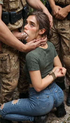 UHD 8K, extreme realism, maximum detail, view from above, (blowjob:1.5), (arms tied behind back with rope:1.2), (one hand choking:1.4), cum on mouth, (Ellie face from The Last of Us, ellie has a tattoo on her right forearm, her hands are tied behind her back), ((fucked by soldiers in full tactical equipment)), (Ellie's hair from The last of us), (cum in asshole), ellie is wearing a torn and old deep green t-shirt, her jeans pants are ripped open, in an abandoned city overgrown with vegetation, anal sex, perfect composition of lights and shadows, dynamic, the brightest image, clear focus, depth of field, 32k, 30 mm lens, 1/250 s, f/2.8, ISO 300, <lora:add-detail-xl:.8>, <lora:568214_training_data:.8>, loemba, blueche, (with, blushing, cheeks:1), covche, covering, her, cheek, with, right, hand, covmou, mouth, looking, embarrassed, <lora:EmbarrassedBlushing.1.0:.8>, bl0j0, girl, blowjob, penis, <lora:bl0j0:.8>, sitting, ass visible, squatting, from back view