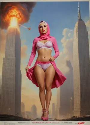 (TITLE TEXT "Virgin No.72":1.8), (movie poster:1.2), (huge letters, movie title text:1.2), (Muslim woman, brown skin:1.3), (Arab woman:1.1), (brown skin:1.3), (religious hijab:1.3), wet sweaty body, big text on poster, sweaty body, ((string bikini bottom)), sideview, (((tight uniform 50's))), (((pin up 1940's))), (explosion on World Trade Center:1.1), (1950's movie poster:1.2), (huge title text, movie poster:1.5), (big text on poster:1.5), (1950's movie poster:1.4), (1940's pin up girl), (Muslim girl in hijab sitting on a cloud in the sky:1.2), (hijab:1.5), (Arab girl in underwear:1.2), (skyline in background:1.3), (explosion on skyscraper:1.3), (airplane crashing into World Trade Center:1.3), (September 11 attacks:1.2), (9/11 September twin tower attack:1.2), (airplanes crashing in skyscraper:1.1), (she is wearing a pink hijab), Photography, photorealism, tall, beautiful perfect figure, Knee-high boots, perfect tall legs, charming eyes, sad yet gracious face, dark background, fantasy art capturing the style of Aaron Horkey, Jeremy Mann and Luis Royo, body-focused composition from a low angle, alluring figure, dark fantasy, dynamic composition, warm hues, showcases acrylic calligraphy, watercolor techniques integrated seamlessly into a maximalist masterpiece, detailed with gouache fluidity, golden hour light, hyperrealism, hypperrealistic, hyperdetailed, 64k, ultraHDR, Movie, Poster, page, panties, pulled, to, side, pussy, shaved, logo, text, sign, that, says, the, word, <lora:Movie Poster:.5>, <lora:Pussy_pants_nohands_D03_realvizXL2_bucket_01-000010:.5>, <lora:texta:1>