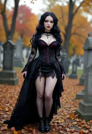 Beshine: the enigmatic albinistic vampire in an autumnal gothic cemetery park at sunset - a fantasy drawing in the style of realistic anime