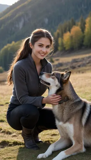 (masterpiece, best quality:1.2), 1 czech 20yo woman, black jodhpurs, unbuttoned, cleavage, tall, sexy, posing, (anthracite fleece troyer:1.4), outdoors, longest brunette hair, hair combed back, double buns, green eyes, looking at the viewer, ahegao, detailed facial features, strong jaw, seductive smile, in autumn bohemian low mountain ranges landscape, Little snow on the ground, evening sun shining, photorealism, wolf hound is next to her, she kneels on the ground and strokes the dog, <lora:708827_training_data:.5>