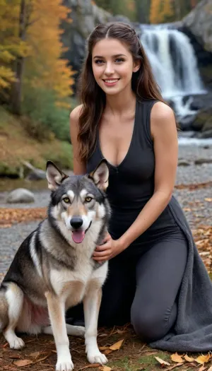 (masterpiece, best quality:1.2), 1 czech 20yo woman, transparent black jodhpurs, unbuttoned, sleeveless, cleavage, tall, sexy, posing, (anthracite fleece troyer:1.4), outdoors, longest brunette hair, hair combed back, double buns, green eyes, looking at the viewer, ahegao, detailed facial features, strong jaw, seductive smile, in autumn bohemian low mountain ranges landscape, snow on the ground, evening sun shining, lush green forest, water fall in the back ground photorealism, wolf hound is next to her, she kneels on the ground and strokes the dog, <lora:708827_training_data:.5>