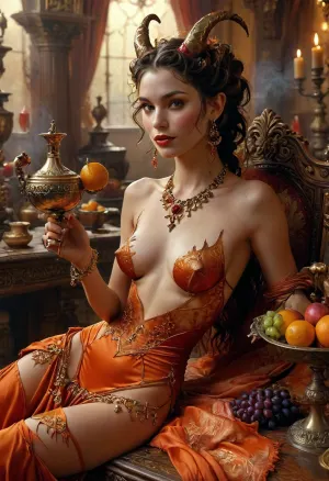 A dramatic, digitally enhanced image, 4/4 body view, pin-up style, A stylized female figure, likely a demon or similar fantasy creature, reclines on a luxurious-looking surface. She is depicted in a reddish-orange hue, with elaborate gold jewelry and ornamentation. Her horns and tail are prominent features., (Happy laughing face), She appears to be smoking from a golden pipe, and a golden goblet is in her hands. Various fruits, including grapes and oranges, are arranged in a woven basket in front of her. A dark-colored wine decanter and a wine glass are also visible on a small table. Smoke is swirling around her and the scene is set in a dimly lit, ornate environment, with draped furnishings in shades of mauve and pink. The overall style suggests a fantasy or perhaps a historical-fantasy setting., CCDWR, <lora:hinaMaybeBetterPoseXL_v5-NoobAI:.8>, <lora:FLUX mimic - XL - SDXL v4.0:.8>, <lora:ahxl_v1:.8>, <lora:LORA_CCDWR:.8>, <lora:MJ52:.8>