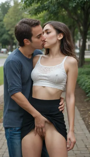 a muscularman and a woman kissing, park, standing, groping, skirt lift, fingering pussy, beautiful stocky 35 year old woman, perfect hourglass figure, straight brown hair, blue eyes, medium saggy breasts, woman dressed in black short skirt and white crop top