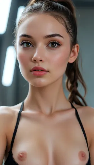 (((Best selfie pose))), (((stand))), (((high ponytail))), (((skinny))), (((eye contact))), (((very young pretty girl))), belly cutout, transparent, Padme Amidala, shock, (((moles all over the body))), (ultra realistic:1.3), (maximum quality:1.3), (high resolution:1.3), (extreme detail:1.3), (ultra realism:1.3), (maximum detailed skin:1.3), (((face, chest, navel, hips))), (((long big thick black eyelashes))), ((narrow waist)), ((wide hips)), ((makeup)), ((blush)), lipstick, (((eyes contact))), <lora:MJ52:.8>
