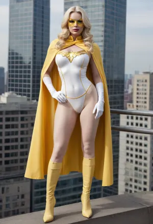 Full body, Diamond Milf, (extremely large breasts), (extremely large ass), (extremely large hips), (extremely thin waist), (extreme hourglass figure), top heavy, bottom heavy, front heavy, back heavy, bimbo body, athletic, strong, (muscular), (milf), (long wavy platinum blonde hair), pale skin, light makeup, yellow eyes, (super heroine), (white leotard), (sleeved pale yellow gloves), (thigh high pale yellow heeled boots), (pale yellow cape), (pale yellow superhero eye mask), standing on top of building