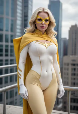 Full body, Diamond Milf, (extremely large breasts), (extremely large ass), (extremely large hips), (extremely thin waist), (extreme hourglass figure), top heavy, bottom heavy, front heavy, back heavy, bimbo body, athletic, strong, (muscular), (milf), (long wavy platinum blonde hair), pale skin, light makeup, yellow eyes, (super heroine), (white leotard), (sleeved pale yellow gloves), (thigh high pale yellow heeled boots), (pale yellow cape), (pale yellow superhero eye mask), wireframe glasses, standing on top of building