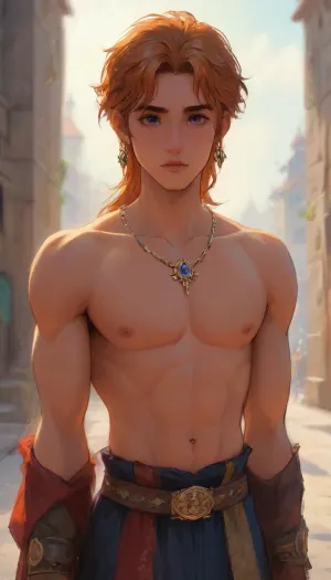In the ancient kingdom of Aerenthia, nestled deep within the heart of Faerûn, walks Prince Damarion Thorne—a towering figure of regal power and primal strength. At just 24, Damarion commands the gaze of nobles and commoners alike. His dark brown skin gleams under the golden sun, a striking contrast to the wild, flame-tinged curls of his ginger hair. Broad-shouldered, athletic, and imposing, his every movement radiates confidence and masculine dominance. He wears his princely bearing like armor, unshakable and proud, forged through years of training and the weight of expectation.

Damarion strolls through the sprawling royal gardens—an oasis of ancient elven flora and druidic enchantments—in the company of two silent attendants, a pair of unnervingly identical human twins. Though fraternal in truth, they are impossible to tell apart. Both possess flawless porcelain skin, cascading platinum-blonde hair, and haunting violet eyes that shimmer with subdued emotion. One is male, the other female, but their beauty is so perfectly mirrored that even the most discerning eye falters. Supernaturally delicate and strikingly feminine, they move with ethereal grace, shadows trailing behind the prince like spirits bound by oath and spell.

The twins, Lyric and Lysira, are the personal slaves of King Kaedros—Damarion’s father. Taken from a distant northern land during a campaign of conquest, their origins are whispered about in court with mystery and suspicion. Despite their station, they are adorned in silk robes of pale violet and silver, their attire nearly indistinguishable, offering no clue to their gender or role. To the court, they are an enigma—living ornaments of the king’s will. To Damarion, however, they are something more. Raised beside him, trained in arts both arcane and carnal, they are extensions of his will, reflections of a part of himself kept hidden beneath his proud exterior.

As Damarion walks between the sculpted hedges and enchanted fountains, the twins glide at his side, silent but ever watchful. The garden hums with ancient magic, but it is the presence of this strange trio—the fierce prince and his hauntingly beautiful shadows—that turns heads and stirs stories in every corner of the kingdom., best quality, 8k, insane details, motion lines, intricate details, hyperdetailed, hyper quality, high detail, ultra detailed, professional, HDR, ray tracing reflection, cinematic lighting, highlydetailedbody, realisticface, highlydetailedhair, insanelydetailed, 8K.highdetailedskin, highresolution, perfectfingers, (j_cartoon:1.5), Drawing, tyxla, <lora:tyla_juggerX_xl_1_st_wocap-tyxla-000086:2>, <lora:detailed_notrigger:1>, <lora:samdoesarts1.1-000030:.4>, <lora:J_cartoon:.3>, <lora:Animated_Concept:.4>