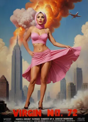(TITLE TEXT "Virgin No.72":1.8), "Virgin No.72", (text reading "Virgin No.72"), (big movie title "Virgin No.72"), (movie poster:1.2), (huge letters, movie title text:1.2), (Muslim woman, brown skin:1.3), (Arab woman:1.1), (brown skin:1.3), (religious hijab:1.3), wet sweaty body, big text on poster, sweaty body, ((string bikini bottom)), sideview, (((tight uniform 50's))), (((pin up 1940's))), (explosion on World Trade Center:1.1), (1950's movie poster:1.2), (huge title text, movie poster:1.5), (big text on poster:1.5), (1950's movie poster:1.4), (1940's pin up girl), (Muslim girl in hijab sitting on a cloud in the sky:1.4), (hijab:1.5), (Arab girl in underwear:1.2), (skyline in background:1.3), (explosion on skyscraper:1.3), (airplane crashing into World Trade Center:1.3), (September 11 attacks:1.2), (9/11 September twin tower attack:1.2), (airplanes crashing in skyscraper:1.1), (she is wearing a pink hijab), Photography, photorealism, tall, beautiful perfect figure, Knee-high boots, perfect tall legs, charming eyes, sad yet gracious face, dark background, fantasy art capturing the style of Aaron Horkey, Jeremy Mann and Luis Royo, body-focused composition from a low angle, alluring figure, dark fantasy, dynamic composition, warm hues, showcases acrylic calligraphy, watercolor techniques integrated seamlessly into a maximalist masterpiece, detailed with gouache fluidity, golden hour light, hyperrealism, hypperrealistic, hyperdetailed, 64k, ultraHDR, Movie, Poster, page, panties, pulled, to, side, pussy, shaved, logo, text, sign, that, says, the, word, <lora:Movie Poster:.5>, <lora:Pussy_pants_nohands_D03_realvizXL2_bucket_01-000010:.5>, <lora:texta:1>