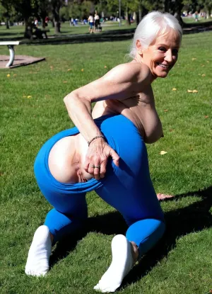 Very busty 60 years old pretty skinny grandmother exhibitionist, real casual grandmother, oversized huge ass, at the park, smile, on all fours, yoga pants High detailed photo, high quality photo, sideview
