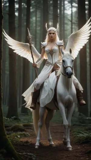 fantasy context, a tall elf wizard woman, huge breasts, very high heels, wings, she is riding in a forest a white horse, she has a staff in her hand and is casting a spell