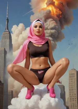 (TITLE TEXT "Virgin No.72":1.8), "Virgin No.72", (text reading "Virgin No.72"), (big movie title "Virgin No.72"), (movie poster:1.2), (huge letters, movie title text:1.2), (Muslim woman, brown skin:1.3), (Arab woman:1.1), (brown skin:1.3), (religious hijab:1.3), wet sweaty body, big text on poster, sweaty body, ((string bikini bottom)), sideview, (((tight uniform 50's))), (((pin up 1940's))), (explosion on World Trade Center:1.1), (1950's movie poster:1.2), (huge title text, movie poster:1.5), (big text on poster:1.5), (1950's movie poster:1.4), (1940's pin up girl), (Muslim girl in hijab sitting on a cloud in the sky:1.4), (hijab:1.5), (Arab girl in underwear:1.2), (skyline in background:1.3), (explosion on skyscraper:1.3), (airplane crashing into World Trade Center:1.3), (September 11 attacks:1.2), (9/11 September twin tower attack:1.2), (airplanes crashing in skyscraper:1.1), (she is wearing a pink hijab), Photography, photorealism, tall, beautiful perfect figure, Knee-high boots, perfect tall legs, charming eyes, sad yet gracious face, dark background, fantasy art capturing the style of Aaron Horkey, Jeremy Mann and Luis Royo, body-focused composition from a low angle, alluring figure, dark fantasy, dynamic composition, warm hues, showcases acrylic calligraphy, watercolor techniques integrated seamlessly into a maximalist masterpiece, detailed with gouache fluidity, golden hour light, hyperrealism, hypperrealistic, hyperdetailed, 64k, ultraHDR, Movie, Poster, page, panties, pulled, to, side, pussy, shaved, logo, text, sign, that, says, the, word, <lora:Movie Poster:.5>, <lora:Pussy_pants_nohands_D03_realvizXL2_bucket_01-000010:.5>, <lora:texta:1>