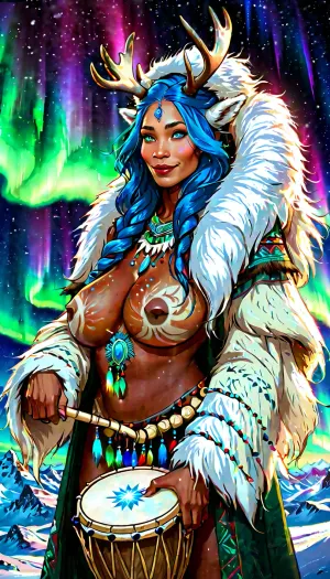 ((Chukchi shaman woman)), (close-up), a volouptous milf face goddess, ((40 year old, milf, adult face)), (standing realistic pussy), (in a open fur long coat), ((standing in snowy tundra)), with, ((northern lights in background:1.5)), (night time), ((holding a realistic tambourine drum in hand:1.3)), oil portrait of a girl with massive bust, (huge rack on body), clothed completely, detailed background, dynamic pose, full body, massive lips, (blue hair), (reindeer), flowing hair, smile, blue eyes, freckles, perfect eyes, dark skin tone, detailed skin, cinematic, great shading, moody lighting, (by Hope Gangloff:1), <lora:milkers_v2:.5>, <lora:add-detail-xl:1>, <lora:Vivid Midjourney mimic - XL SDXL v2.0:.5>