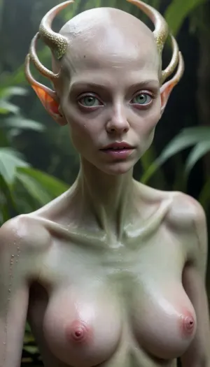 An alien woman, with lizard slit eye lids, golden iris, light pink and grey scaley skin.

No hair, bald, no eyebrows, with xenomorphic body with large alien sagging breasts and very large very pale green nipples.

Crawling though swamp land at night with moon high in the dark sky, She has large thick tenticles as legs and arms
