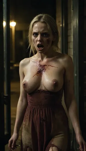 Dark. POV outside a shop at night, zombie woman 35y/o, with torn clothes, large natural sagging breasts.

Bite marks on body, blood, torn green dress, blonde hair, dirty, bloody face, aggressive expression, snarling nose, standing at window, angry, mouth open, blood in mouth, clawing at window, dead eyes, stumble posture, hands out, grabbing, attacking, rotting flesh, exposed puffy vulva, one breast exposed from torn dress.

Cars on fire in the street, dark night, zombie apocalypse HD, shallow depth of field, long lense, cinimatic, very, focused, flash, photo, <lora:sdxl_darkflash_v6-000060:.8>, dark, chiaroscuro, low-key, <lora:zavy-cntrst-sdxl:.8>, z0mb13, <lora:Zombie_XL_z0mb13:.8>