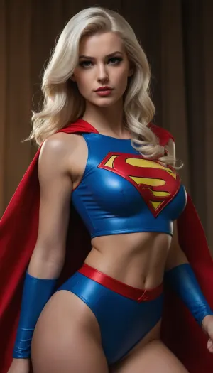 A stylized Supergirl, inspired by artist J Scott Campbell, (((https, //comicartcommunity.com/gallery/details.php?image_id=41936)), ?, (((pulling up a tight crop top))), over her big boobs. S emblem on crop top, She has long platinum blonde hair and a fierce, determined expression. Her outfit is a sexy, toned midriff, skin tight crop top, modern take on a superhero costume, with a tiny cape and short skirt, rendered in soft colors with subtle blue accents. The pose is dynamic and confident, emphasizing her strength and allure, reminiscent of classic pin-up comic art styles.of J Scott Campbell Art Style & Texture, •	Comic book pin-up aesthetic
	•	Light ink shading, smooth skin and fabric highlights, (Star filled sky), •	Soft color accents with bold outlines

Hashtags, #PhotonSuperSiren #ComicHeroine #PowerPose #PinUpJustice #SilverStrength #HeroReveal #bigtits #cleavage #deepcleavage #DynamicBeauty #StylizedSupergirl #SexySuperpowered #CapeAndCurves, <lora:387205_training_data:1.8>)