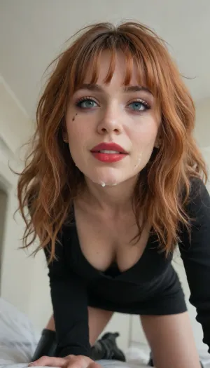 gorgeous milf, (skinny), ginger hair, freackles, (messy hair), (lush hair:1.2), (wealth of hair), wrinkles, (narrow face:1.2), big eyes, (sharp nose), (sharp face features:1.2), wide mouth, wide jaw, wide cheekbones, large puffy lips, sly look, wicked smile, pov kissing, on all fours, (kneeling), sittiing, leaning forward, (view from below:1.2), girl on top, (face view:1.2), thigh-high-boots, black dress, wearing black bodycon mini dress, downblouse, cleavage, (long sleeve dress), (face close up:1.2), focus on face, (ideal anatomy), cuckold, legs apart, sexy makeup, cum dripping, (facial), (cum on face), (cum in mouth), sticky face, (sexy makeup:1.2), (red lipstick), black eyelines, (purple eyeshadows), femdom, clothed, cmnf, eye contact, ((hair bang)), ((hair fringe))