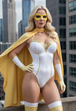 Full body, Diamond Milf, (extremely large breasts), (extremely large ass), (extremely large hips), (extremely thin waist), (extreme hourglass figure), top heavy, bottom heavy, front heavy, back heavy, bimbo body, athletic, strong, (muscular), (milf), (long wavy platinum blonde hair), pale skin, light makeup, yellow eyes, (super heroine), (white leotard), (sleeved pale yellow gloves), (thigh high pale yellow heeled boots), (pale yellow cape), (pale yellow superhero eye mask), standing on top of building