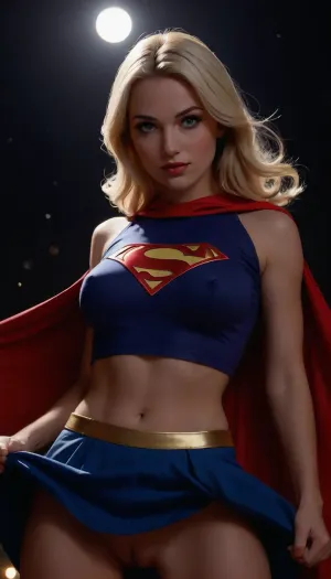 A stylized Supergirl, inspired by artist ?, (J Scott Campbell), (((https, //comicartcommunity.com/gallery/details.php?image_id=41936))), ((pulling up a tight crop top)), over her big boobs. S emblem on crop top, She has long platinum blonde hair and a fierce, determined expression., (Shaved pussy), Her outfit is a sexy, toned midriff, modern take on a superhero costume, with a tiny cape and, ((short mini-skirt)), visible shaved pussy, rendered in soft colors with subtle blue accents. The pose is dynamic and confident, emphasizing her strength and allure, reminiscent of classic pin-up comic art styles.of J Scott Campbell Art Style & Texture, •	Comic book pin-up aesthetic
	•	Light ink shading, smooth skin and fabric highlights, (Star filled night sky), •	Soft color accents with bold outlines

#shavedpussy #PhotonSuperSiren #ComicHeroine #PowerPose #PinUpJustice #SilverStrength #HeroReveal #DynamicBeauty #StylizedSupergirl #SexySuperpowered #CapeAndCurves, braless, Wearing, clothes, that, make, sense, with, Braless>, skirtlift, #shavedpussy, <lora:387205_training_data:1.8>, <lora:bralessSDXL_v1_00022:.5>, <lora:skirtlift_xl:1.1>