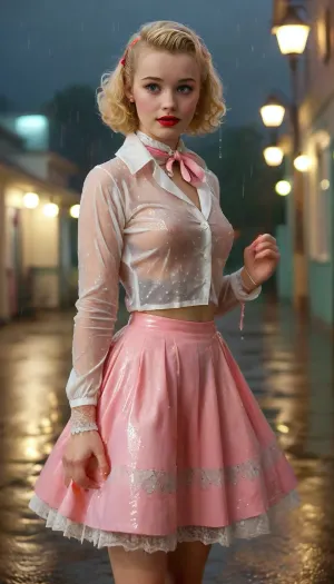 Strong 1950s retro vibe, in 1951 a breathtakingly beautiful 18-year-old blonde coed dressed for a sock hop stands outside a college gymnasium in the pouring rain, medium natural breasts, button-down shirt, neck scarf, (poodle skirt decorated with an embroidered poodle), white lace socks, saddle shoes, makeup, beautiful expressive eyes, romantic, nighttime, lots of rain in the air, retro 1950s hair and makeup and clothes and setting, masterpiece, key visual, incredibly detailed, score_9, soakingwetclothes, <lora:soakingwetclothesXL:1>, <lora:MJ52:.8>