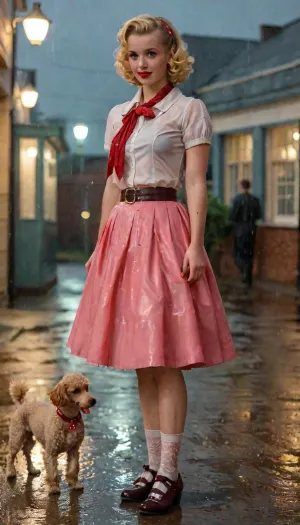 Strong 1950s retro vibe, in 1951 a breathtakingly beautiful 18-year-old blonde coed dressed for a sock hop stands outside a college gymnasium in the pouring rain, medium natural breasts, button-down shirt, neck scarf, (poodle skirt decorated with an embroidered poodle), white lace socks, saddle shoes, makeup, beautiful expressive eyes, romantic, nighttime, lots of rain in the air, retro 1950s hair and makeup and clothes and setting, masterpiece, key visual, incredibly detailed, score_9, soakingwetclothes, <lora:soakingwetclothesXL:1>, <lora:style_lora_realis:.8>