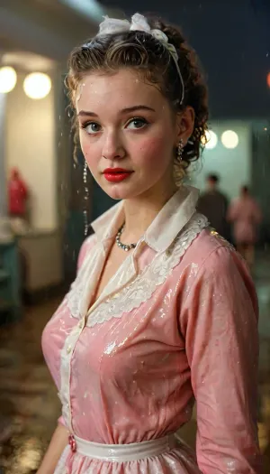 Strong 1950s retro vibe, in 1951 a breathtakingly beautiful 18-year-old coed dressed for a sock hop stands outside a college gymnasium in the pouring rain, medium natural breasts, button-down shirt, neck scarf, (poodle skirt decorated with an embroidered poodle), white lace socks, saddle shoes, makeup, beautiful expressive eyes, romantic, nighttime, lots of rain in the air, retro 1950s hair and makeup and clothes and setting, masterpiece, key visual, incredibly detailed, score_9, soakingwetclothes, <lora:soakingwetclothesXL:1>, <lora:MJ52:.8>