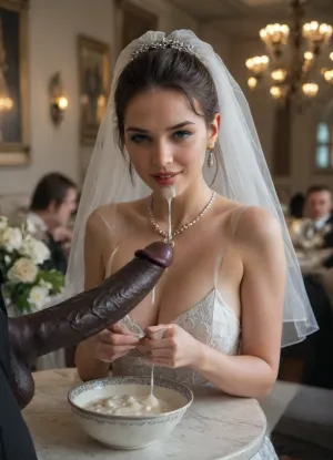 interracial, (((3black skin brute, giant thick black penises))), a erotic and dark high-fashion wedding scene of a bride and groom sitting at an elegant head table during their reception, both wearing luxurious and highly detailed wedding dress, black hair, Iranian woman, curvy, — the bride in a glamorous lace gown with pearl embellishments, the groom in a sleek black suit with velvet details. They are smiling sensually while, (((eating thick, glossy white cum with hands from elegant crystal bowls:1.4))), . The table is decorated with white roses, and giant black dick, and glassware. The cum glistens under soft ambient lighting, dripping slightly. Artistic, provocative, and cinematic style.