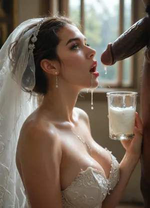 (((interracial))), 5giant black thick penises, perfect side view, Persian bide, super busty bride, nice cleavage, sexy wedding dress, a surreal and cinematic photo of a, (((beautiful Iranian bride tilting her head back while holding a clear glass jar high above her face with both hands, thick creamy white cum slowly pouring out of the jar and streaming directly into her open mouth:1.1))), ((cum puring into her open mouth)), . She wears a luxurious and detailed wedding dress with lace and pearl textures, her makeup is glamorous with a focus on the eyes. Her expression is intense yet graceful, soft lighting highlights the slime’s glossy texture and her elegant posture. High-detail fashion photography, dark blurred background, conceptual and provocative styling., ral-18thlxry, BadX, <lora:MJ52:.8>, <lora:18th century:.8>, <lora:dAIversityUnderstandingXLRealistic:2>, Disgusting, Globby, Goo, Yucky, Icky, <lora:Absolutely_Disgusting:.8>