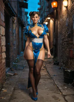 Chun-Li from streetfighter, (dark dirty back alley), (night), full body, ((wearing short sexy skimpy blue qipao, an early-20th-century Chinese dress, with golden accents, puffy sleeves, and a white waistband), and black open crotch pantyhose), (deep cleavage), ultra detailed, intricate details, (photorealistic:1.2), 8k, UHD, cold side light, contrast, sharp focus, (masterpiece:1.2), detailed eyes, beautiful eyes, realistic detailed skin, realistic detailed nipples, realistic detailed natural breasts, natural body, random view angle, action pose, <lora:add-detail-xl:.8>, <lora:style_lora_realis:.8>, detailxl