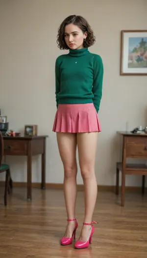 shy 25 year old girl, full body shot, (very embarrassed), (room with desk), (feeling exposed), (extremely high pink plateau high heels), ((chubby legs:.8)), (normal upper body), (short girl), brown wavy hair, curly bobcut, (short dark brown hair:1.1), small breast, flat chest, (dark green cashmere pullover), (dark green jumper:1.2), (emerald pullover), (long pullover), (ultra short pink pleated micro skirt:1.2), (pink micro skirt:1.3), (plateau high heels:1.3)