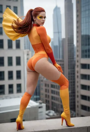 Full body, Pyro Vixen, extremely large breasts, extremely large ass, extremely large hips, extremely thin waist, extreme hourglass figure, top heavy, bottom heavy, front heavy, back heavy, bimbo body, athletic, (strong), muscular, (tan skin), (long red hair in a ponytail), light makeup, brown eyes, (super heroine), (orange leotard with yellow accents), (sleeved orange gloves with yellow accents), (thigh high orange boots with yellow accents), (orange superhero eye mask), (red cape), on top of a building