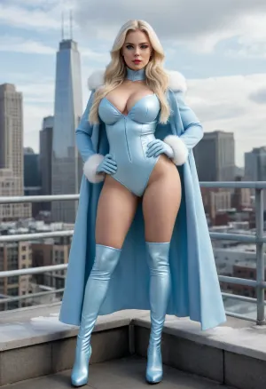 Full body, Blizzard Babe, (extremely large breasts), (extremely large ass), extremely large hips, extremely thin waist, extreme hourglass figure, top heavy, bottom heavy, front heavy, back heavy, bimbo body, athletic, (strong), muscular, pale skin, (long platinum blonde hair), (light blue lipstick), gray eyes, (super heroine), (long pale icy blue coat with white fur lining and long sleeves), (white gloves), (pale icy blue superhero eye mask), pale icy blue boots, (pale icy blue shorts with white fur lining), on top of a building
