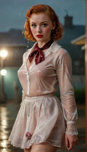 Strong 1950s retro vibe, in 1951 a breathtakingly beautiful 18-year-old redhaired coed dressed for a sock hop stands outside a college gymnasium in the pouring rain, large natural breasts, button-down shirt, neck scarf, (poodle skirt decorated with an embroidered poodle), white lace socks, saddle shoes, makeup, beautiful expressive eyes, romantic, nighttime, lots of rain in the air, retro 1950s hair and makeup and clothes and setting, masterpiece, key visual, incredibly detailed, score_9, soakingwetclothes, <lora:soakingwetclothesXL:1>, <lora:MJ52:.8>