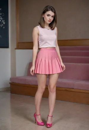 shy girl in an extremely short pink pleated mirco skirt, extremely elevated pink plateau high heels, embarrassed girl, 25 years old, <lora:FD_XL_ENF:.6>, <lora:tearsXL:.8>