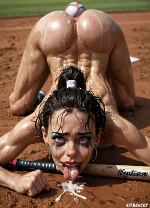 Lies naked on the ground, trained body, muscular, skinny, small body, short blond hair, ponytail. Head on the ground, messy makeup, very wet, oily hair, messy hair, submissive attitude, ass up, in her ass sticks a baseball racket the racket is painful in her ass, baseball racked as budplug . baseball bat in the ass, anal, solo, wet holes, She looks embarrassed and sad with a smile on her face, running, makeup, cum, dribble, from, tongue, facial, tears, in, mouth, on, face, chin, nose, lip, forehead, lipstick, crying, gagged, gagging, erection, deepthroat, gag on cock, another's, head, half-closed, eyes, closed, oral, invitation, after, fellatio, fistet, fist in ass, basballracket as budplug, <lora:肮脏环境-XL:.8>, <lora:284451_training_data:.8>, anal penetration