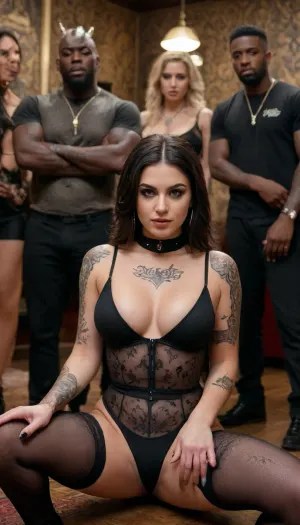 slutty young Persian curvy brunette with black bodysuit sitting on floor, covered with loads of cum, 3 black men are standing around her, huge black cocks around face, nightclub, (the woman has one queen-of-spades-tattoo on her stomach)