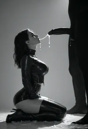 score_9, score_8_up, score_7_up, (black man looking down), muscular black man, black penis, standing up straight, excessive cum, dripping on to Persian girl, cum, (((profile view))), cum shooting, cum dripping, (girl kneeling), (girl looking up at male), zavy-slhtt, (((black silhouette))), monochrome, leather short jacket, leather skirt, high heels boots, large breasts, tiny ass on female, JK, Style, Solo, <lora:JK:1>