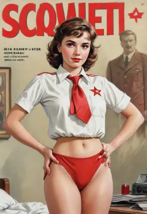 (single drawn girl:1.3), (illustration:1.3), (hand drawn:1.3), (comic book cover:1.3), (TITLE text, "Soviet":1.3), (Soviet pioneer girl:1.2), Soviet pioneer girl 18yo, in a red scout tie, white blouse and panties, sexy random pose, sovietForm, sopi, <lora:sovietForm:.5>, <lora:sopi:.5>, <lora:iltromba_artwork_style_smm_SDXL_LORA_v07:.5>, <lora:text:1.1>