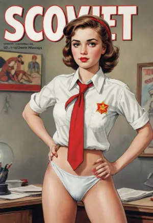 (single drawn girl:1.3), (illustration:1.3), (hand drawn:1.3), (comic book cover:1.3), (TITLE text, "Soviet":1.3), (Soviet pioneer girl:1.2), Soviet pioneer girl 18yo, in a red scout tie, white blouse and panties, sexy random pose, sovietForm, sopi, <lora:sovietForm:.5>, <lora:sopi:.5>, <lora:iltromba_artwork_style_smm_SDXL_LORA_v07:.5>, <lora:text:1.1>