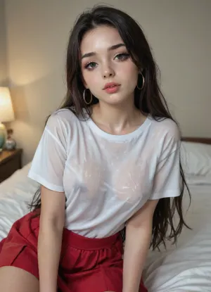 Nezuko from demon slayer, sadako, Japanese, (teen:1.5), instagram slut, perfect skin, thick lips, extremely beautiful face, head to thighs, elsa from, messy hair, bangs, gorgeous, waist, big lips, smilling face, at bedroom, dangling jewelry, hoop earrings, tamada heijun art, perfect body, beautiful wet shiny long hair, wet skin, extremely realistic, beautiful face, seductive look, (orgasm face:1.2), horny, she ware white tshirt and red skirt