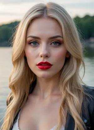 professional portrait, sexy blonde by the lake, massive lips, red lips, extra long hair, photorealistic, highly detailed, 8K, perfect leather, deep look, A keen look, soft lighting, hazy atmosphere, beautiful landscape, Exquisite style