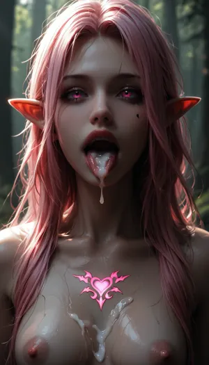 "A fine-art nude photograph with a minimalist aesthetic. The composition focuses on the human form with strong directional lighting, creating deep shadows and high contrast. The subject's body is partially obscured by darkness, emphasizing curves and contours in a dramatic yet elegant way. The negative space enhances the feeling of solitude and introspection.", forest, water fall, pink hair, long hair, messy hair, short pointy ears, nude, small perky breasts, strong horny nipple, heart, happy, open mouth, Tongue out, cum in mouth, cum dripping from Tongue, animal tattoo on the body, g0th1cxl, glowing, neon, futuristic-fantasy-anime, <lora:dark:.6>, <lora:g0th1cXL:1>, <lora:SDXL Detail:.8>, <lora:futureistic_fantasy_anime_sdxl_v1:.8>