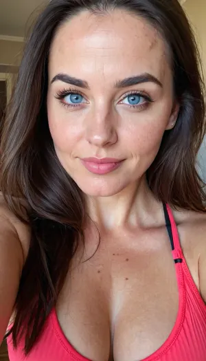 sexy horny gilr, 32 years old, wearing pink sport bra, white leggings, Big cheeks, brunette, long hair, big black eyes, rounded face, black eyes, thick eyebrow, round cheekbones, blue realistic eyes, white skin, horny, red lips, naught, middle body selfie picture, naught smile face, skin blemishes, age spots, wrinkles, Highest Quality, detailed skin texture, detailed photo, 4K