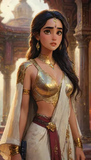 A regal female Jedi warrior inspired by Disha Patani, blending traditional royal Indian aesthetics with futuristic sci-fi elements. She stands gracefully in the grand hall of a floating temple in the clouds, illuminated by soft golden light. Her face is radiant and poised—sculpted with high cheekbones, a delicately defined jawline, and flawless golden-bronze skin with a natural warm glow. Her large, almond-shaped eyes are deep brown and luminous with the Force, lined with kohl in traditional Indian style, giving her an intense, soulful gaze. Her eyebrows are gracefully arched, and her full lips are painted in a subtle maroon tint. A small, elegant bindi glows faintly with energy between her brows, symbolizing her spiritual connection. Her long, wavy black hair is adorned with golden accessories and woven into an elaborate Jedi braid with jeweled threads, She wears a flowing, sari-inspired Jedi robe made from shimmering silks and armor-like textures—deep maroon, gold, and silver interwoven with high-tech fiber. Intricate Mandalorian-meets-Mughal embroidery glows with subtle energy patterns. She holds a uniquely designed lightsaber with a curved hilt and ornate carvings, her posture calm yet powerful, embodying wisdom, royalty, and mastery of the Force.

Coruscant-inspired city, highlydetailedbody, realisticface, highlydetailedhair, insanelydetailed, 8K.highdetailedskin, highresolution, perfectfingers, (j_cartoon:1.5), Drawing, dishap, perfect anatomy, <lora:dishap:1>, <lora:detailed_notrigger:1>, <lora:samdoesarts1.1-000030:.4>, <lora:J_cartoon:.3>, <lora:Animated_Concept:.4>