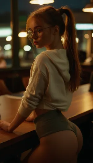 stunning girl, brunette hair, realistic face, real face close up, maximum details. extreme best quality, trendy, stylish, in sexy clothes, beautiful face, cute face, stylish sexy clothes, small tits, nipples visible through clothes, proud of her small round ass, showing petite small round ass, sexy pose, back view, body bends, back stretching, shorts, shirt, crop, hoodie, 4k epic detail, shot on kodak, 35mm photo, sharp focus, high budget, cinemascope, moody, epic, gorgeous, film grain, grainy, score_9, score_8_up, score_7_up, rating, Beautiful hipster girl goes in the city, 2/4 body view, ass visible, close up, trendy girl face, round glasses, white sneakers big_eyes, city, streets, perfect lights, perfect shadows, evening, <lora:Movie_aesthetic_XL:.8>, Corinna, <lora:468206_training_data:.8>, <lora:MJ52:.8>, <lora:add-detail-xl:.8>, 25 year old white girl, rear view, perfect body, university student, shirt and skirt, cameltoe, bending over a desk, reaching forward, pale skin, perfect skin, skinny, anorexic, straight hair ponytail, small butt, smooth skin, green eyes, huge tits, narrow waist, realistic, ginger hair, ponytails, bangs, freckles, chest freckles, thin waist
