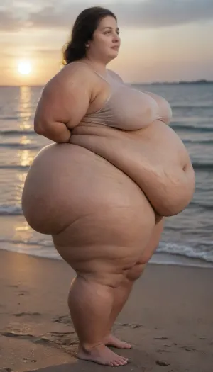 (An extra fat mature woman demonstrates me her fat rolls and deep fuckuble navel on a beach:1.3), she is trying to seduce me, she wants me to fuck her, she recently found out that i'm into really fat old women and now she wants to seduce me, she bends over slightly to show off her rolls of fat, she is an old mature fatty, (she is very wide fat obese mature and old:1.4), (she is very old but active and lustful:1.3), (fat obese old fat Azerbaijani woman), (obese old mature woman:1.4), (she has a huge giant cellulite ass), (obese old woman), (overweight mature woman), (chubby 55 years old Azerbaijani woman), (fat woman), (ultra SSBBW), (USSBBW), (fat MILF), (her fat rolls:1.5), (fat obese face:1.6), (wide large saggy type of figure), (thick neck:1.3), (short neck:1.2), (unusual fat lips), (her belly is saggy and empty like big fat rolls), longest longing long downwards saggy flabby breasts, (unbelievable fat cheeks), (fat plump obese thick shoulders:1.5), (old mature:1.5), fat belly rolls hang lower, sunglasses, eyeglasses, (she is fat and old but sexual active), (hyper obesity:1.2), (extra fat large face:1.4), (her hands are in her fat fold under her fat belly:1.2), (untanned skin), (cellulite:1.2), barefoot, (sunset on unlimited beach:1.1), (the side view:1.7), real candid photo, 30 mm lens, ISO 100, f/2.8