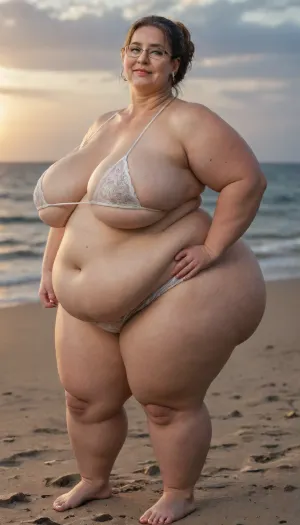 (An extra fat mature woman demonstrates me her fat rolls and deep fuckuble navel on a beach:1.3), she is trying to seduce me, she wants me to fuck her, she is an old mature fatty, (she is very wide fat obese mature and old:1.4), (she is very old but active and lustful:1.3), (fat obese old fat Azerbaijani woman), (obese old mature woman:1.4), (she has a huge giant cellulite ass), (fat woman), (ultra SSBBW), (USSBBW), (fat MILF), (her fat rolls:1.5), (fat obese face:1.6), (wide large saggy type of figure), (thick neck:1.3), (unusual fat lips), (her belly is saggy and empty like big fat rolls), longest longing long downwards saggy flabby breasts, (unbelievable fat cheeks), (fat plump obese thick shoulders:1.5), (old mature:1.5), fat belly rolls hang lower, eyeglasses, (she is fat and old but sexual active), (hyper obesity:1.2), (extra fat large face:1.4), (her hands are in her fat fold under her fat belly:1.2), (untanned fat skin), (cellulite:1.2), barefoot, (sunset on unlimited beach:1.1), (the side view:1.7), real candid photo, 30 mm lens, ISO 100, f/2.8