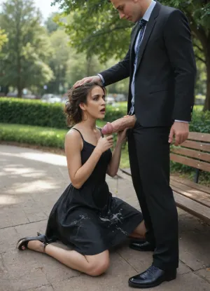 brunette woman in black formal dress sits on a bench in the park, a man standing infront of her with his pants down to his knees, has his huge big cock out and masturbates infront of the woman, big large penis, massive cock
the womans dress is covered in large chucks of cum, massive cumshot, cum on clothes
