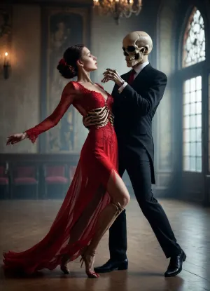 woman in red dress dancing with skeleton in a black suit, romantic lighting, passionate pose, gothic ballroom, sensual and dark, tango of life and death