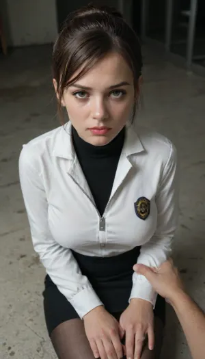 masterpiece, best quality, amazing quality, very aesthetic, newest, score 9, score 8 up, amateur, 1 girl, pov, facing viewer, zombie apocalypse, blacksite, sitting on floor, cuffed hands, frightened, tears, glistening eyes, trembling voice, indoor, corporate researcher uniform, high collar, zipped, long sleeves, ID badge, dark short pencil skirt, side slits, black pantyhose, black pumps, reddish brown short ponytail hair, side-swept bangs, brown eyes, attractive, voluptuous body, g cup breasts, wide hips, hard floor, shadows, fear of death, claustrophobia, desperation, emotional intensity, cinematic lighting, detailed environment, realism, intense scene, dramatic angle, sense of betrayal, moral dilemma, standoff, deep breath, cooperation, assistance, containing outbreak, securing samples, she is scared and alone, dim lighting, eerie atmosphere, high contrast, dramatic shadows, volumetric lighting, claustrophobic environment, emotional vulnerability, cinematic shot, betrayal lingering, moral conflict.